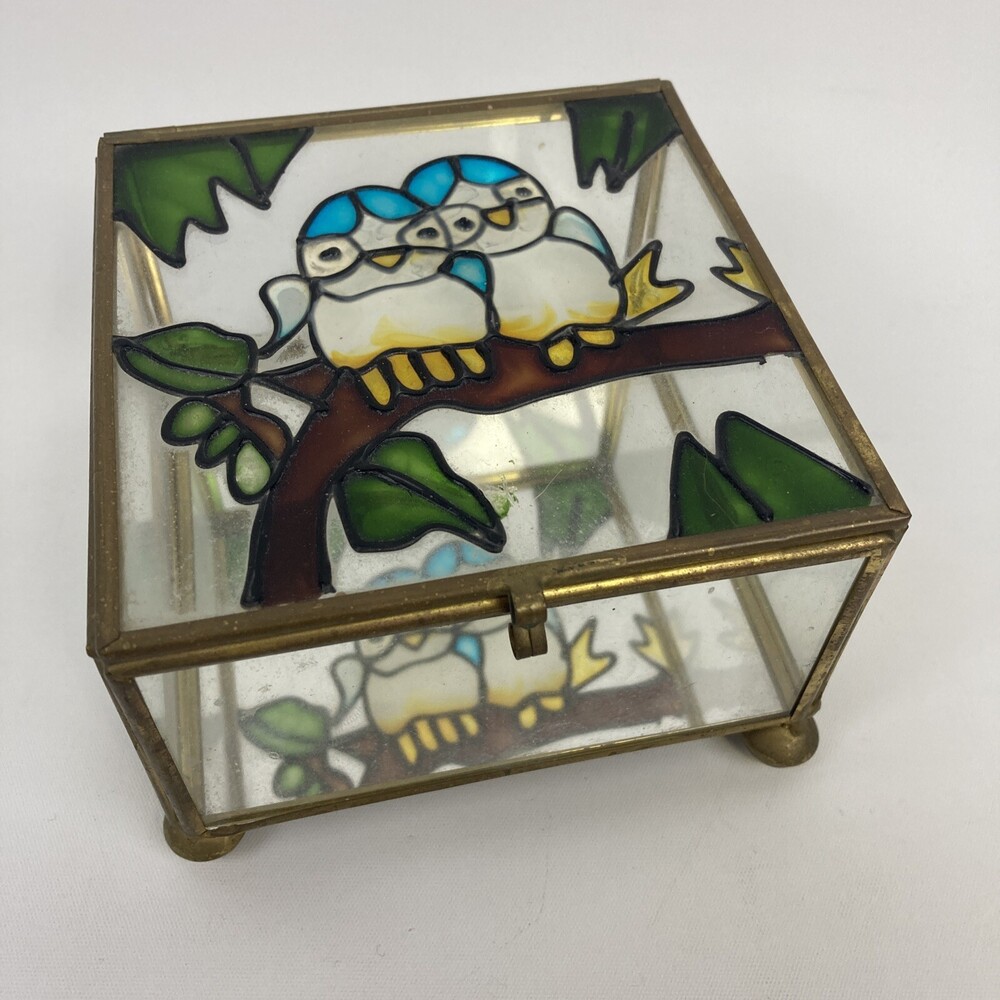 VTG 4" Glass & Brass Jewelry Trinket Box Love Birds on Hinged Lid Mirror Display